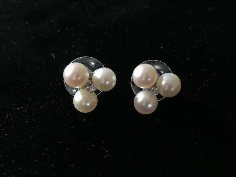 Vintage Real Pearl and Diamond Stud Earrings