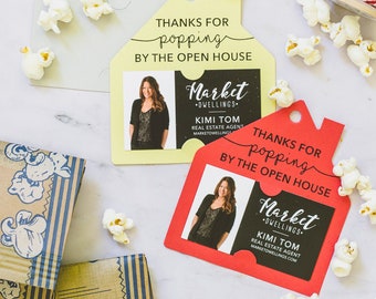 Popcorn Tags for Open House | Real Estate Agent Gifts | Promotional Business Cards | Pop By Tags | Popcorn Gift Tag | Popcorn Tag | 26-GT004