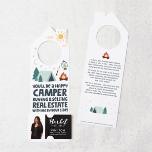 You'll Be a Happy Camper Buying & Selling Real Estate Door Hangers | Double-Sided | Creative Marketing | Real Estate Agent Pop By | 81-DH002