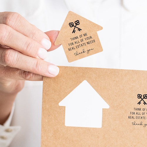 Set of Real Estate Stickers | Think of Me For All of Your Real Estate Needs | House Shaped Referral Label Stickers | 1-LB1