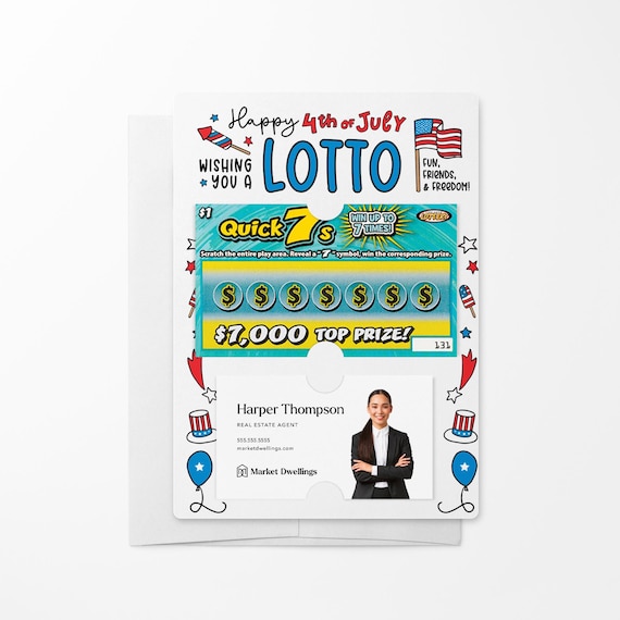 SET of Happy 4th of July Lotto Mailer w/ Envelope | Lotto Scratch Off Ticket Pop By | Real Estate Mortgage Insurance | M1-M002