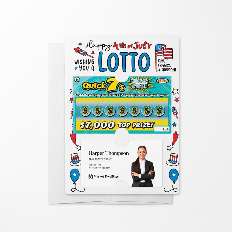 Op de afbeelding: Een blauw en wit loterijticket met een rood, wit en blauw vuurwerkontwerp. Het ticket is voor een "Happy 4th of July Lotto" en heeft een hoofdprijs van $ 7.000. Het ticket bevat ook een visitekaartje voor een makelaar.