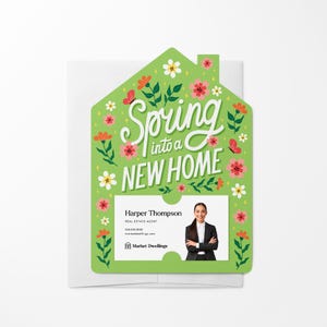 Puede incluir: Una tarjeta verde en forma de casa con un diseño floral y el texto "Spring into a New Home". La tarjeta tiene un recorte para una tarjeta de visita con una foto de una mujer y el texto "Harper Thompson, Agente Inmobiliario".