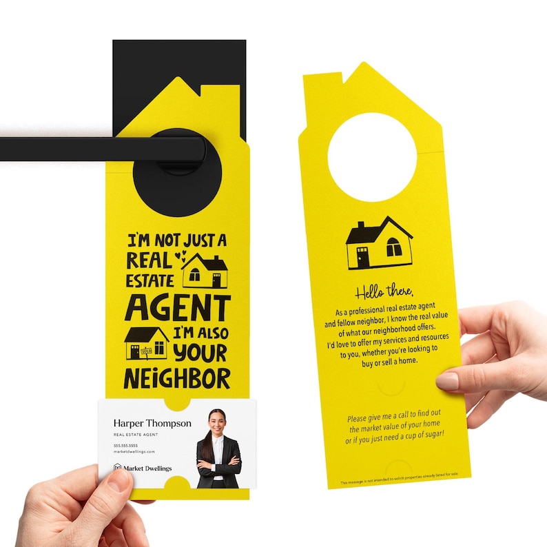 a yellow door hanger with a picture of a house
