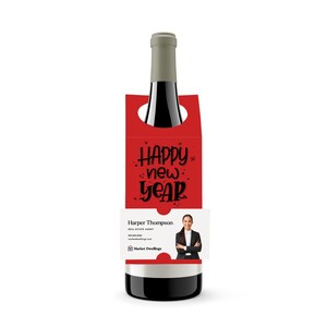 Étiquette volante pour bouteille Happy New Year | Bavoir pour bouteille de vin | Insérez votre carte de visite | Client de l'assurance prêt immobilier | 11-BT001