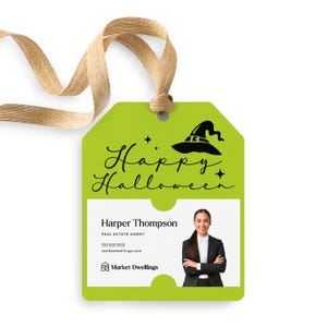 Happy Halloween Witches Hat Halloween Pop By Tag | Fall Pop By | Client Gift Tag | Halloween Marketing | Insert business card | 3-GT001