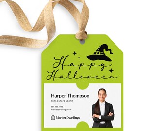 Happy Halloween Witches Hat Halloween Pop By Tag | Fall Pop By | Client Gift Tag | Halloween Marketing | Insert business card | 3-GT001