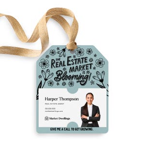 Le marché immobilier est en pleine effervescence ! Étiquettes-cadeaux | Promotion du marketing immobilier printanier | Fleurs ou graines à accrocher | 187-GT001