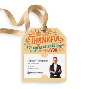 May include: A Thanksgiving-themed real estate agent business card with a fall foliage design and the text "Thankful for great clients like you." The card features a photo of a woman in a business suit and the agent's name, phone number, and website.