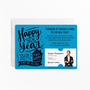 a blue business card with a picture of a man in a suit