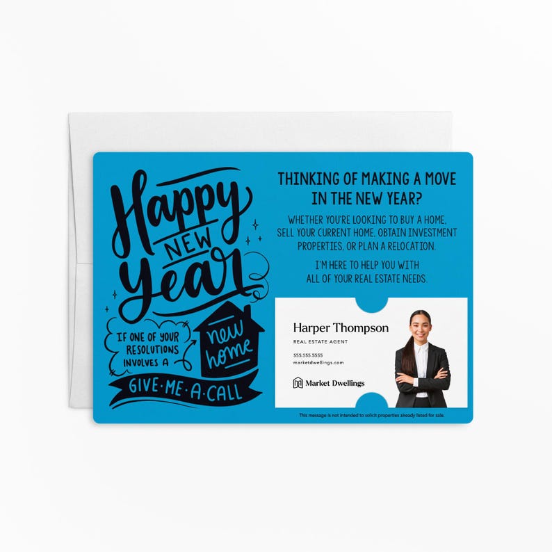 a blue business card with a picture of a man in a suit
