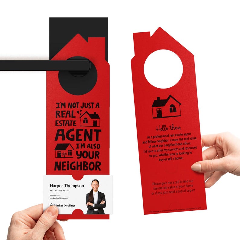a red door hanger with a picture of a house