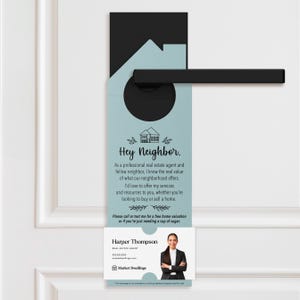 Accroche-portes pour agent immobilier Hey Neighbour | Agents immobiliers | Toile de porte | Insérez votre carte de visite | Quartier | 32-DH002