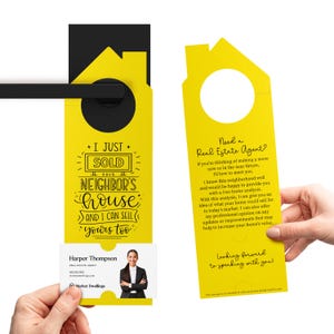 Je viens de vendre les affichettes de porte de la maison de votre voisin | Agents immobiliers | On frappe à la porte | Carte de visite promotionnelle | Afficher | 31-DH002