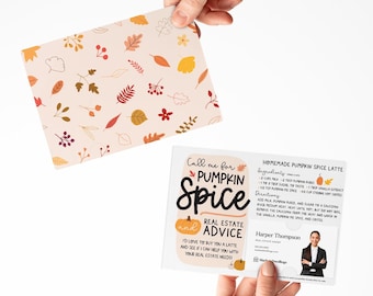 SET of Homemade Pumpkin Spice Latte Recipe Cards w/ Envelopes | Real Estate Agent Marketing | Fall Mailer | Pop By Gift | M60-M003