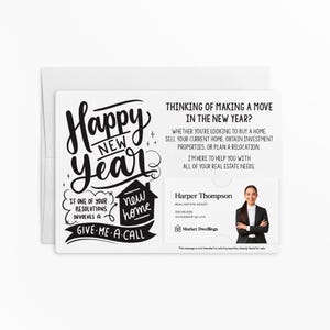 a happy new year card with a picture of a man in a suit