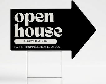 PRINTED | Customizable | Open House Sign | Directional Arrow Real Estate Yard Sign | Custom Signage | Double Sided | H-Frame Stake Included