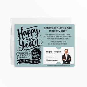 a happy new year card with a picture of a man in a suit