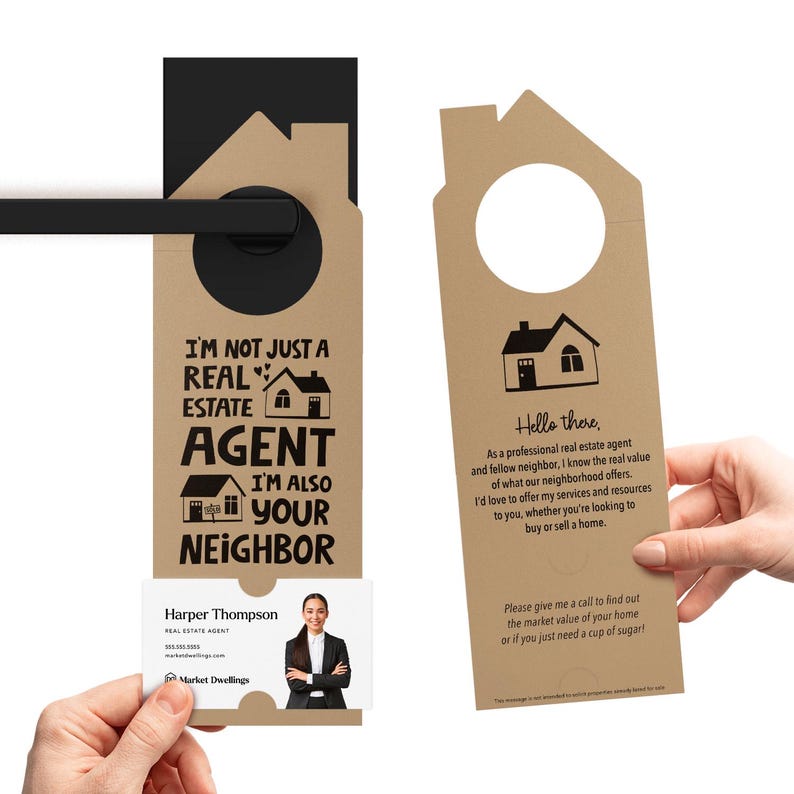 a door hanger with a picture of a real estate agent