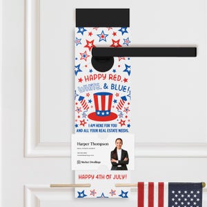 Accroche-portes porte-drapeau rouge, blanc et bleu Happy Happy | Agent immobilier | Indépendance 4 juillet Client Pop By | 21-DH004