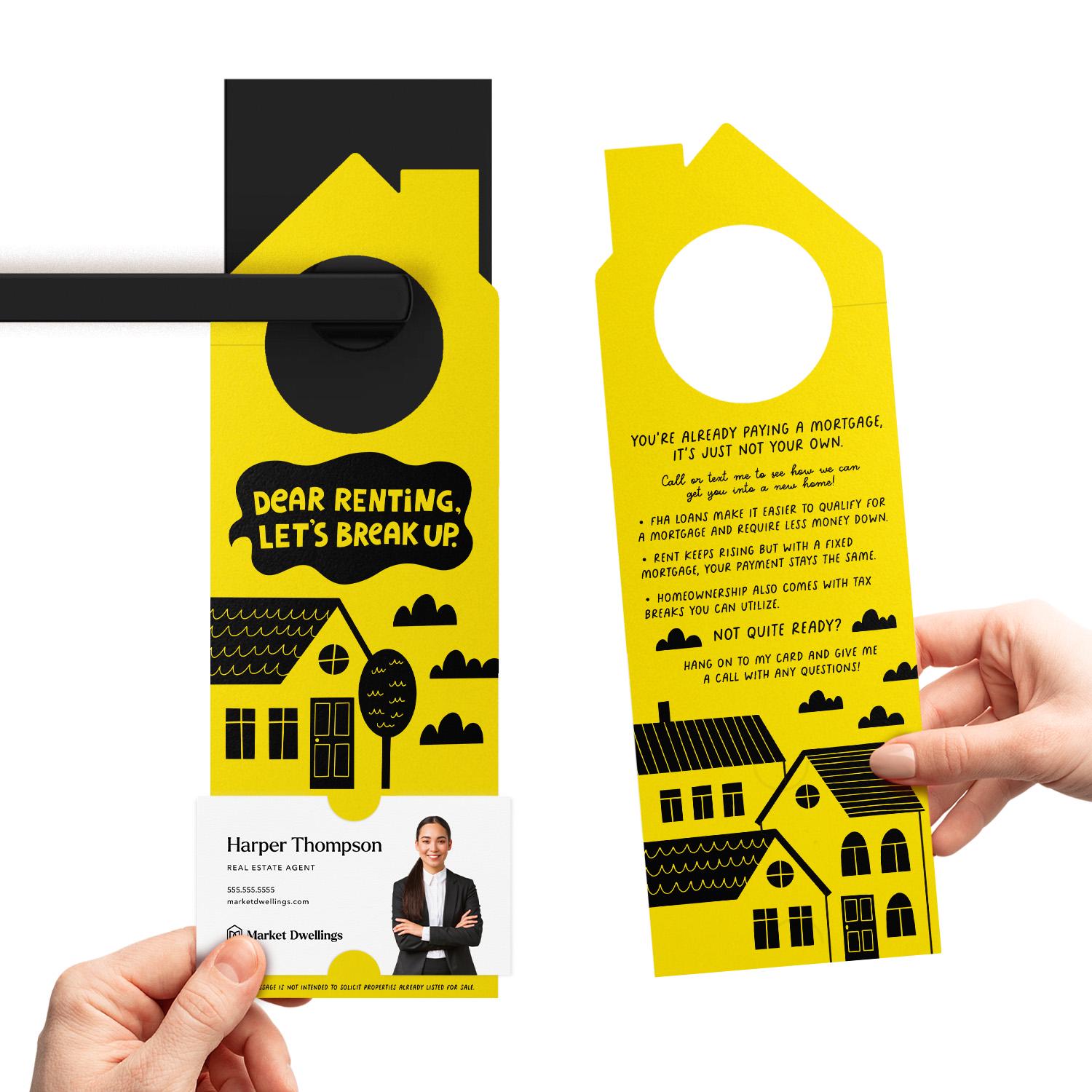 Market Dwellings 'Dear Renting, Let's Break Up' Door Hangers – 100 Pack With Business Card Slots – For Real Estate Agents Targeting First-Time Buyers