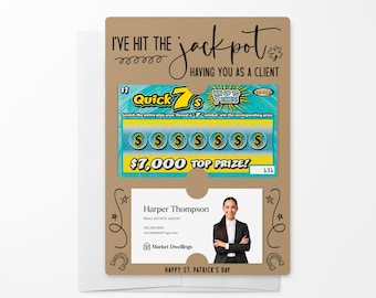 SET of I&#39;ve Hit the Jackpot Lotto Mailer w/ Envelope | St. Patrick&#39;s Day | Client Pop By | Lotto Scratch Off Mailer | SP1-M002
