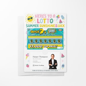 SET of Here&#39;s to a Lotto Summer Sunshine & Luck Real Estate Mailers w/ Envelopes | Lotto Ticket Pop By | Lotto Scratch Off Mailer| M22-M002
