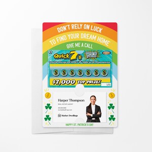 Lot d'annonces immobilières « Ne comptez pas sur la chance pour trouver la maison de vos rêves » avec enveloppe | Saint-Patrick | Papier à gratter Lotto | SP3-M002