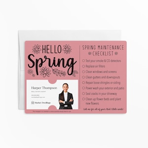 Ensemble de listes de contrôle pour l'immobilier « Hello Spring » | Marketing des agents immobiliers | Pop printanière | Insérer une carte de visite | Envoi postal | M3-M004