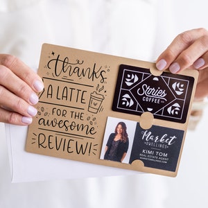 SET of Thanks A Latte for the Awesome Review Gift Card and Business Card Holder w/Envelopes | Real Estate | Insert business card | M47-M008