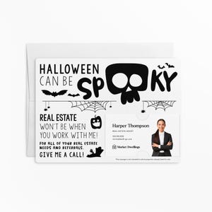 a halloween party card with a skull on it