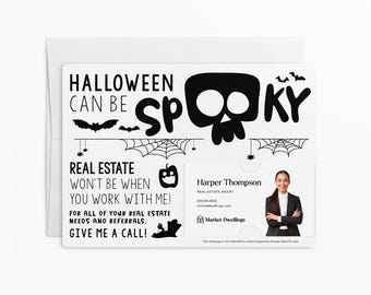 SET of &quot;Halloween Can Be Spooky&quot; Real Estate Agent Mailers with Envelopes | Fall Mailer | Halloween Pop By | Marketing | M26-M003