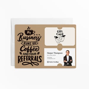 Lot de Mon entreprise fonctionne avec du café, une carte-cadeau et un porte-cartes de visite de votre filleul | avec enveloppes | Marketing client | M12-M008