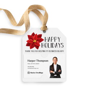 Étiquette-cadeau de Joyeuses Fêtes avec poinsettia | Pop de Noël | Marketing des Fêtes | Insérer une carte de visite | Immobilier vacances Pop By| 48-GT001