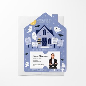Set of Warning Signs of a Haunted House Mailers with Envelopes | Halloween Pop By | Real Estate Halloween Mailer | M62-M001