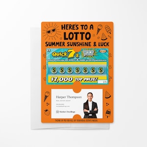 Lot d'emballages immobiliers « Here's to a Lotto Summer Sunshine & Luck » avec enveloppes | Ticket de loto à découvrir | Papier à gratter Lotto | M23-M002