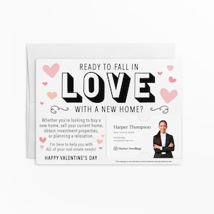 May include: A Valentine's Day themed real estate marketing card with a pink and white heart design. The card reads "Ready to fall in love with a new home?" and includes a business card for Harper Thompson, a real estate agent at Market Dwellings.