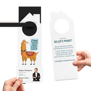 Llama vous parle de l'accroche-porte du marché immobilier | Double face | Marketing créatif pour agent immobilier | 26-DH002