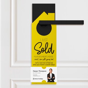 Je viens de vendre l'accroche-porte de la maison de votre voisin | Agents immobiliers | On frappe à la porte | Carte de visite promotionnelle | Afficher | 3-DH002