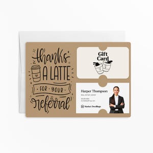 SET of Thanks A Latte for Your Referral Gift Card and Business Card Holder w/Envelopes | Client Gift | Insert business card | M31-M008
