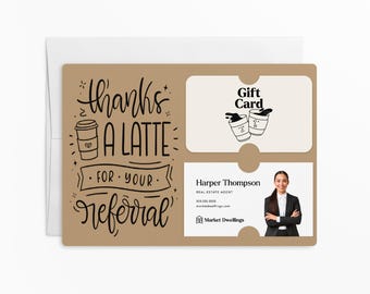 SET of Thanks A Latte for Your Referral Gift Card and Business Card Holder w/Envelopes | Client Gift | Insert business card | M31-M008