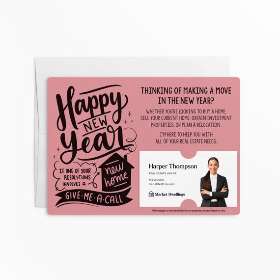SET of Happy New Year Real Estate Resolution Mailers w/ Envelopes | Insert your Business Card | New Years Pop By | Client Mailer | M76-M003