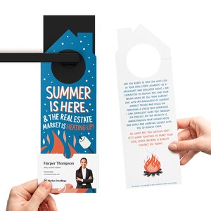 May include: A blue and white door hanger with a house shape and the text "Summer is here... & the real estate market is heating up!"  The hanger has a business card attached with the name "Harper Thompson" and the text "Real Estate Agent".