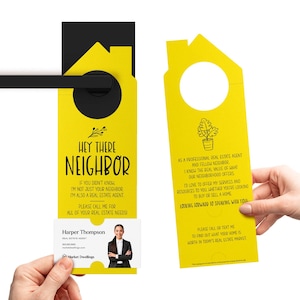 Accroche-portes double face Hey Neighbour | Agents immobiliers | Marketing immobilier | Insérez votre carte de visite | Afficher | 45-DH002