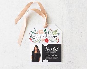 Happy Holidays Colorful Floral Gift Tag | Christmas Pop By | Holiday Marketing | Insert business card | 52-GT001