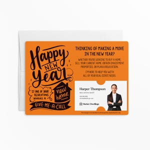 a happy new year card with a picture of a man in a suit