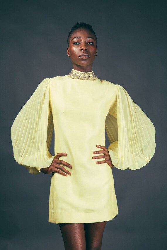 60s Yellow Accordian Sleeve Canary Mod Mini Dress