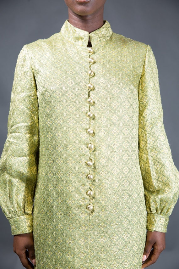 60s Green Brocade Dress w/ Gold Buttons
