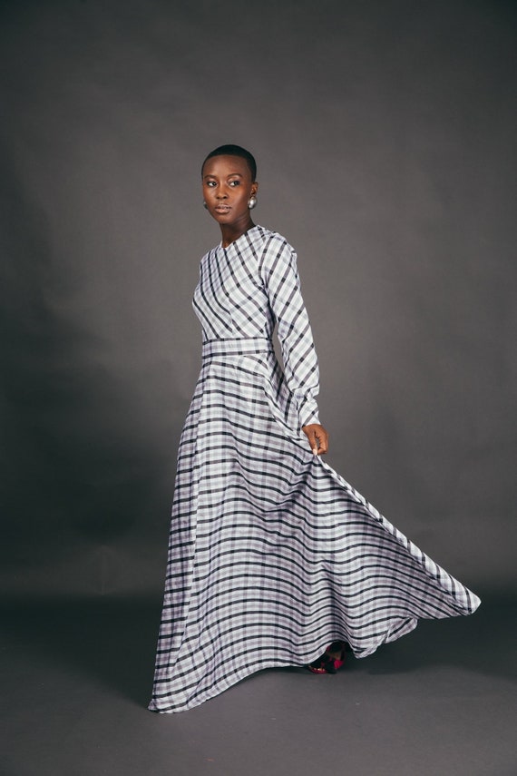 60s Long Sleeve black & White Gingham Maxi Dress