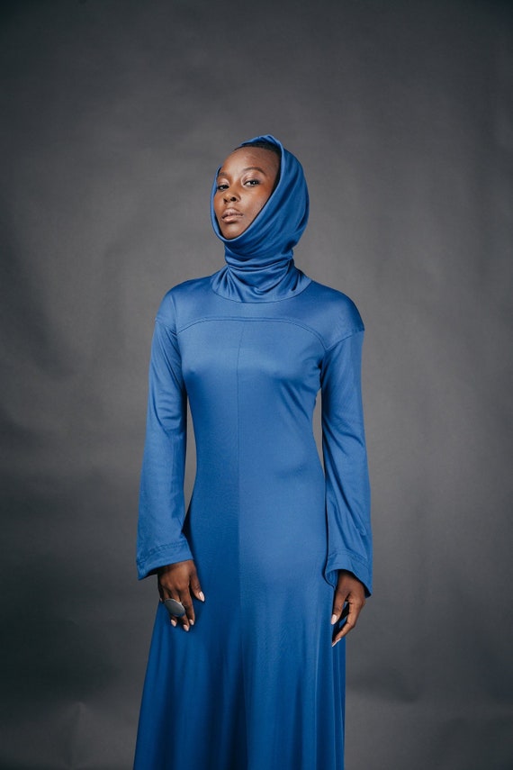 70s Teal Hooded Statement Maxi Dress